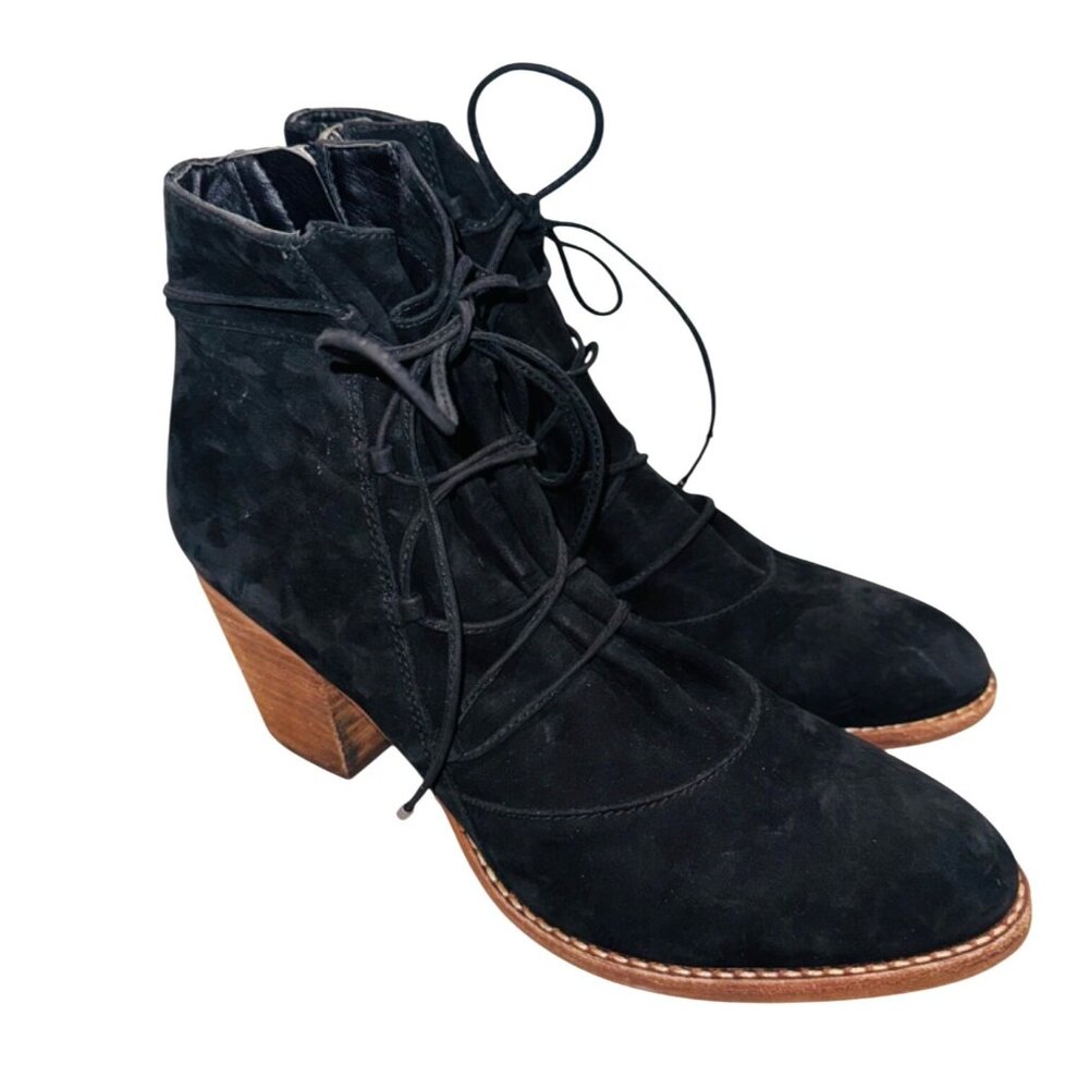Sam Edelman Millard Lace-Up Boots Black Suede Block Heel Bootie 10 Boho Cottage